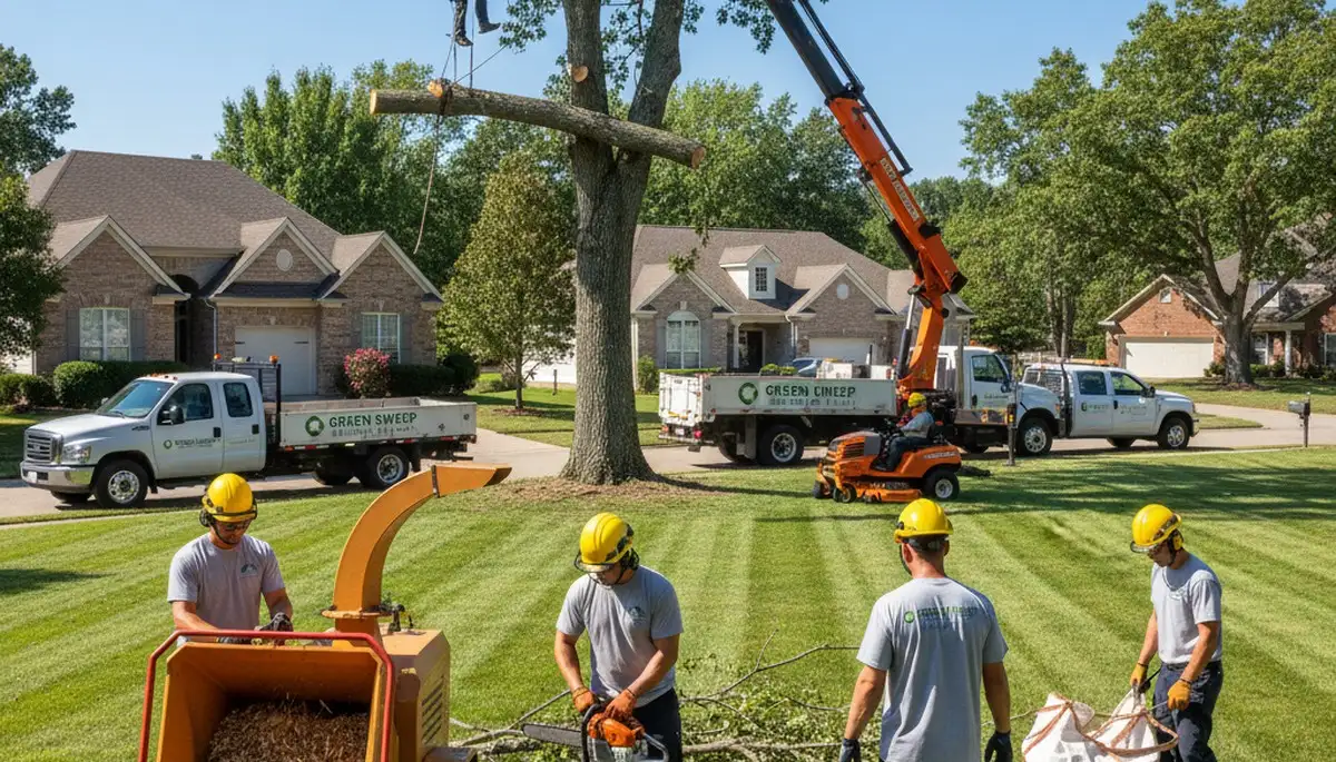 Professional tree and lawn care team working in Oklahoma City, OK yard