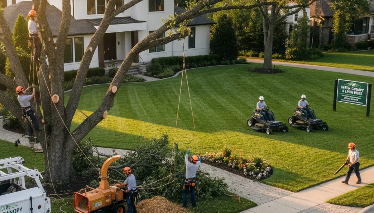 Professional lawn and tree service crew in Oklahoma City OK maintaining healthy residential landscape