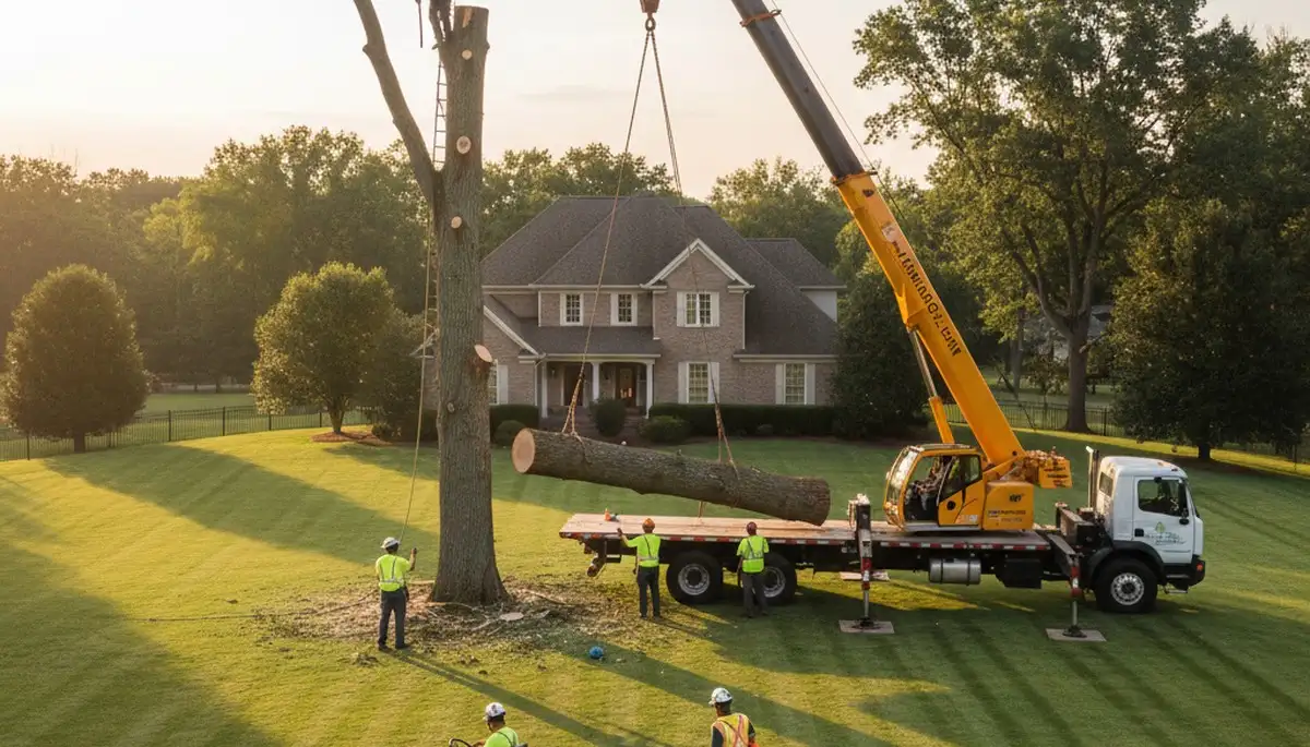 Professional tree and lawn service crew trimming trees in Oklahoma City, OK