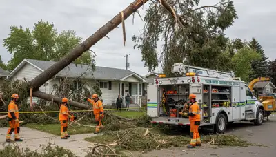 Emergency tree removal crew clearing storm-damaged trees in Yukon, Oklahoma after severe weather