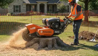 Professional stump grinding service removing tree stumps in Yukon, Oklahoma City, OK yard