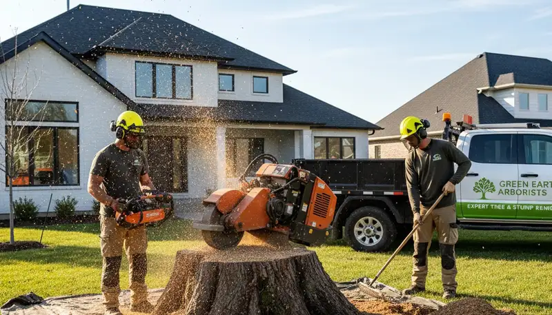 Professional stump removal service in Oklahoma City, OK clearing tree roots from residential yard