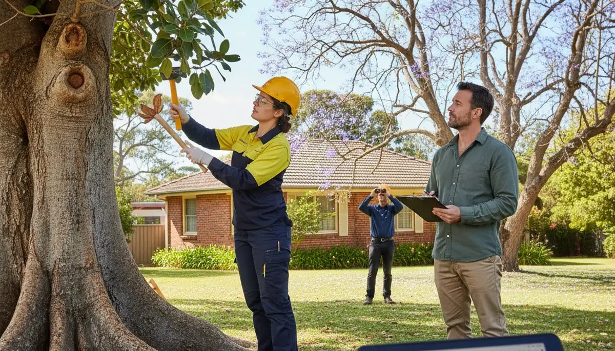 Certified arborist performing tree health assessment for homeowners in Newcastle, Oklahoma City, OK