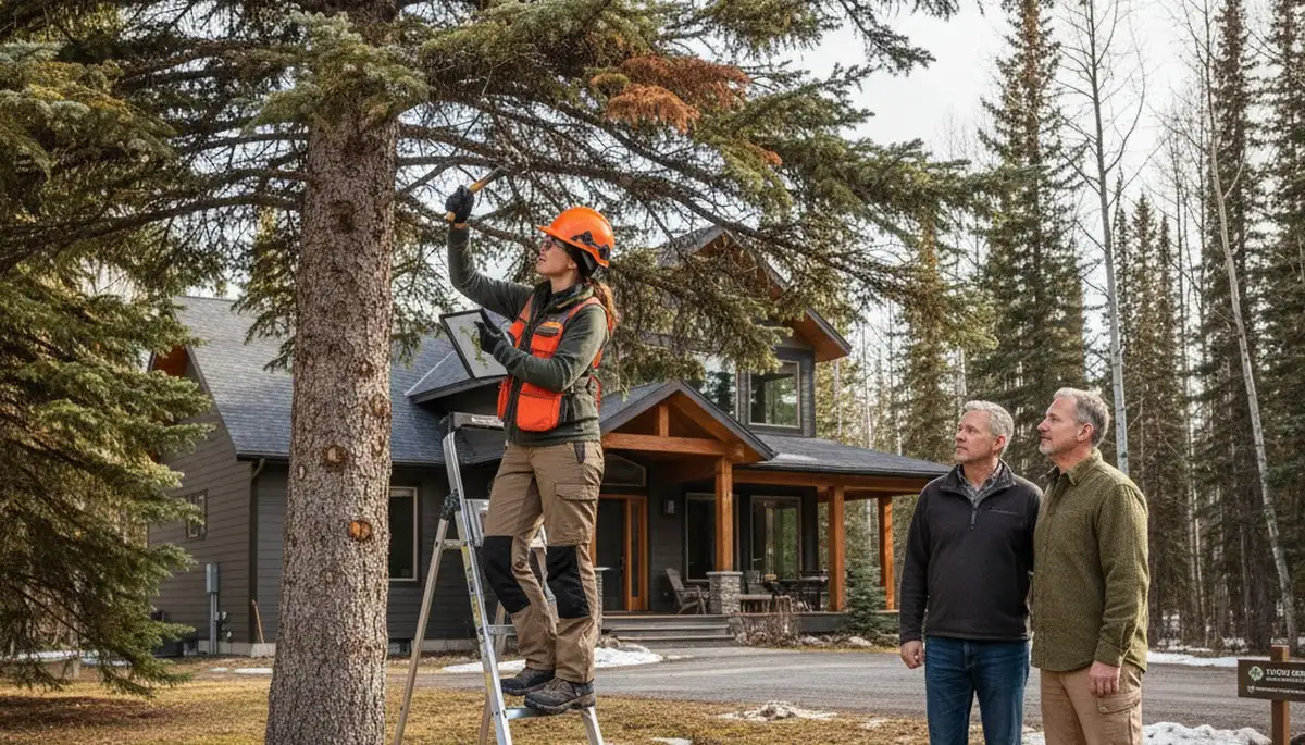Certified arborist performing tree health assessment for homeowners in Yukon, Oklahoma City, OK
