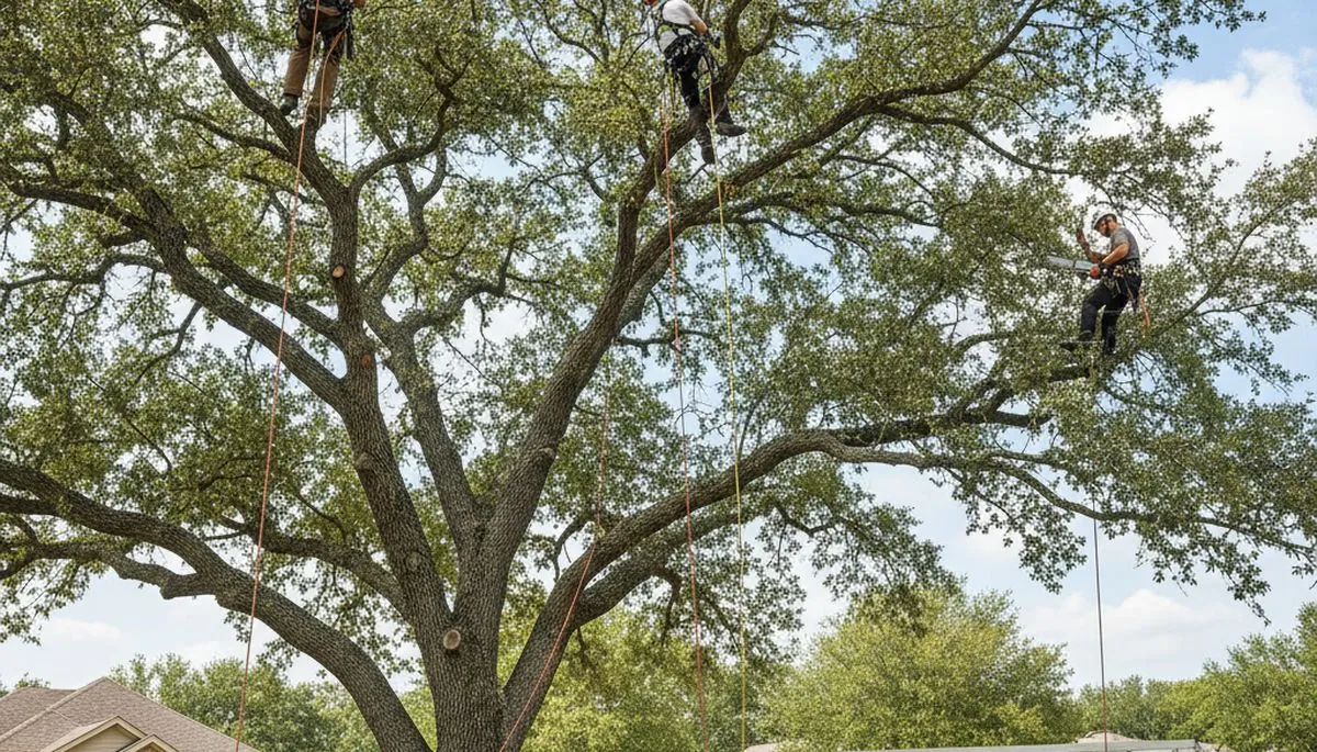 Arborist pruning oak tree branches in Oklahoma City, OK for healthy growth and professional tree care