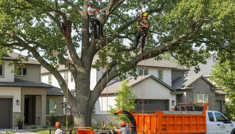 Arborist pruning oak tree branches in Oklahoma City, OK for healthy growth and professional tree care