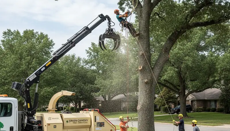 Professional tree removal service in Oklahoma City, OK safely cutting large oak near residential home