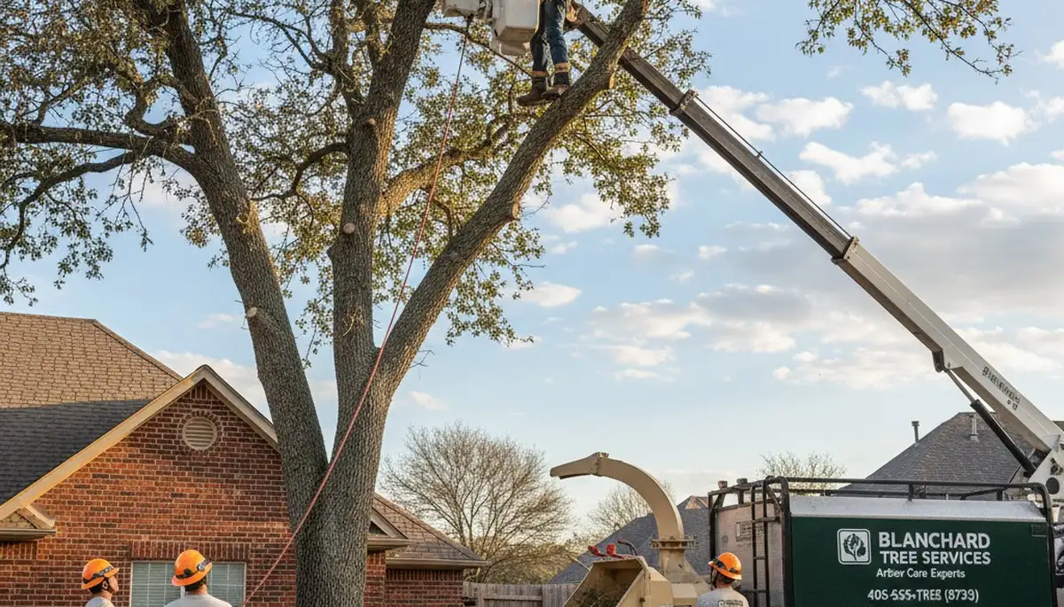 Professional tree removal service in Oklahoma City OK safely clearing large backyard tree