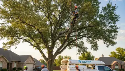Professional tree removal team clearing large oak in Oklahoma City OK yard