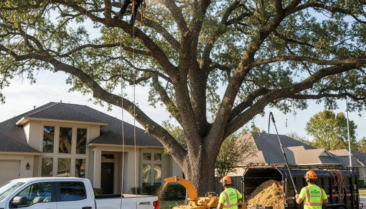 Arborist trimming large oak tree in Oklahoma City, OK for professional tree maintenance service