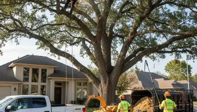 Arborist trimming large oak tree in Oklahoma City, OK for professional tree maintenance service