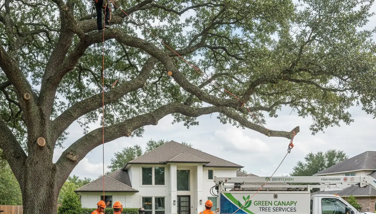 Arborist trimming oak tree branches in Oklahoma City, OK for safe, professional tree maintenance