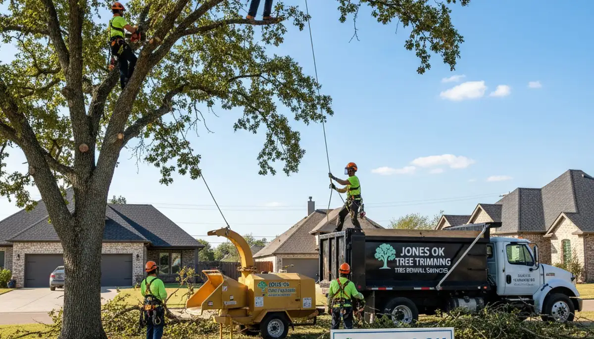 Professional tree removal service in Oklahoma City, OK safely clearing large oak tree