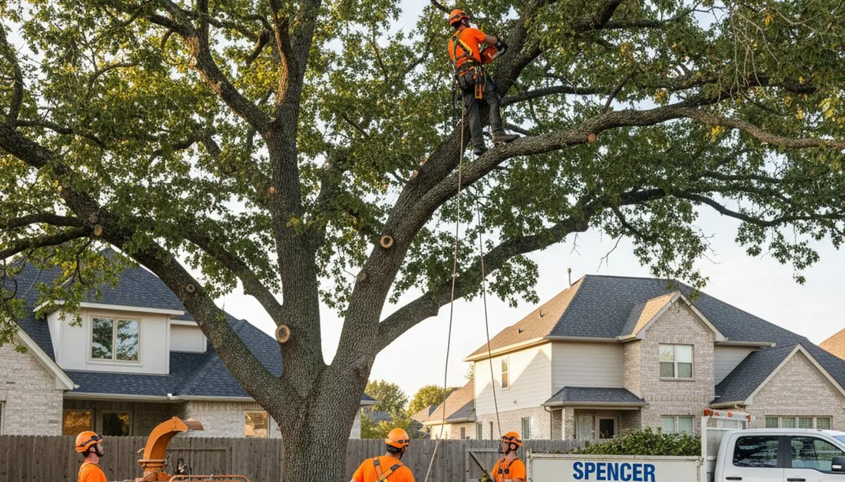 Professional tree removal service team in Oklahoma City OK clearing large oak safely