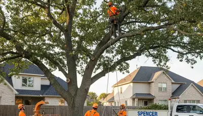 Professional tree removal service team in Oklahoma City OK clearing large oak safely