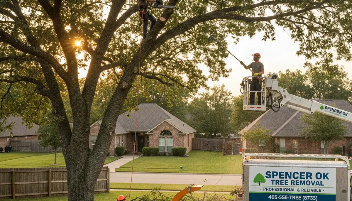 Professional tree removal service in Oklahoma City, OK safely cutting large oak tree